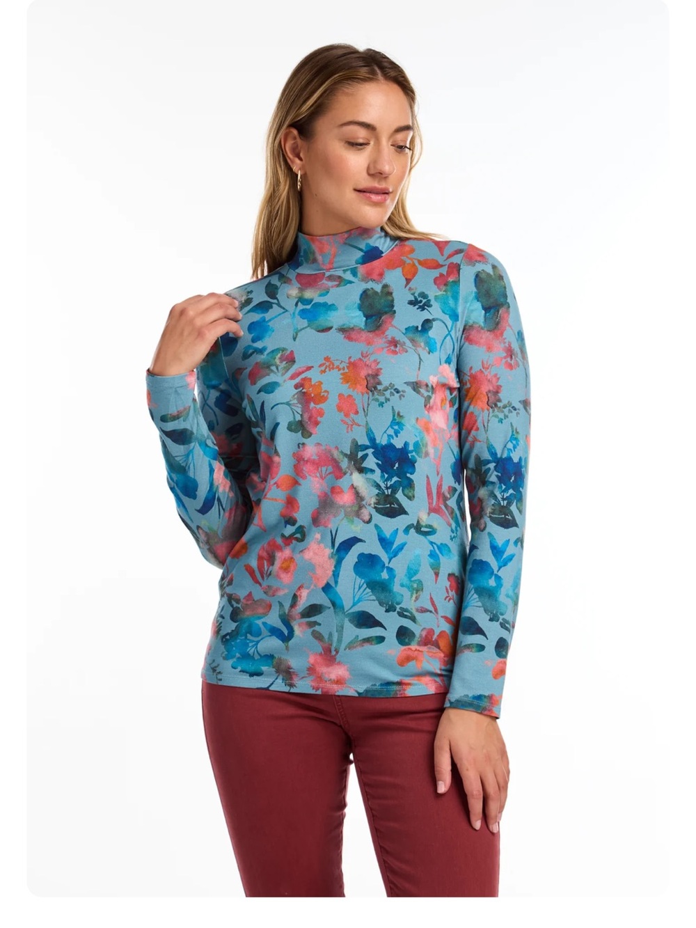 Floral Mock Neck Long Sleeve Stretchy Top - Powder Blue with Coral & Navy